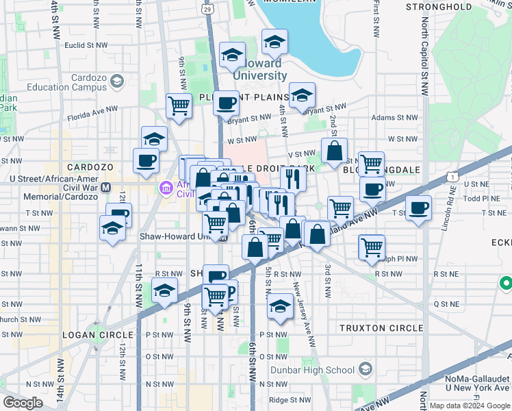 map of restaurants, bars, coffee shops, grocery stores, and more near 531 T Street Northwest in Washington