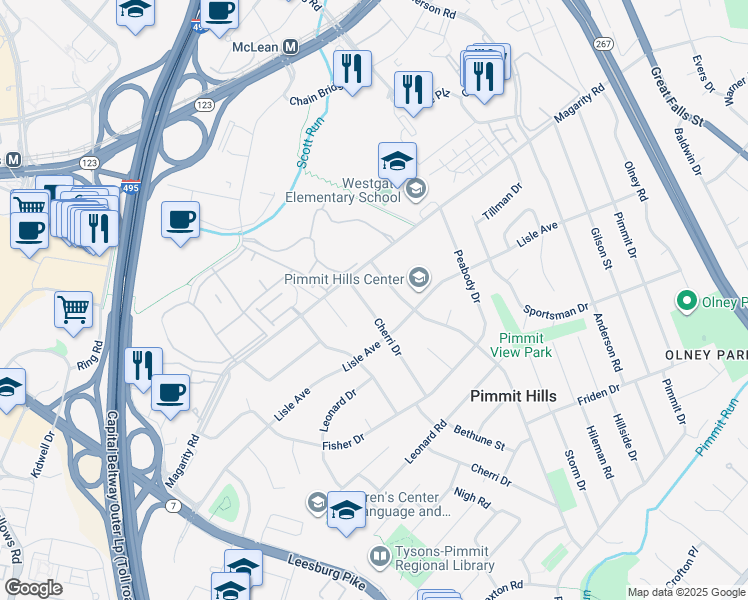 map of restaurants, bars, coffee shops, grocery stores, and more near 1837 Cherri Drive in Falls Church