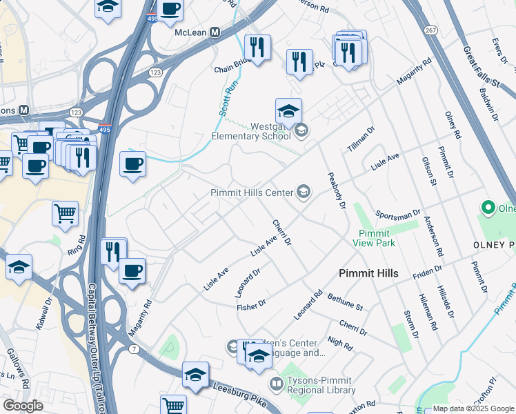 map of restaurants, bars, coffee shops, grocery stores, and more near 1834 Cherri Drive in Falls Church
