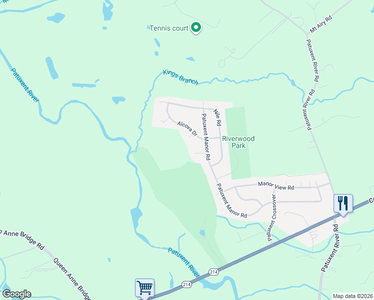 map of restaurants, bars, coffee shops, grocery stores, and more near 1556 Patuxent Manor Court in Davidsonville