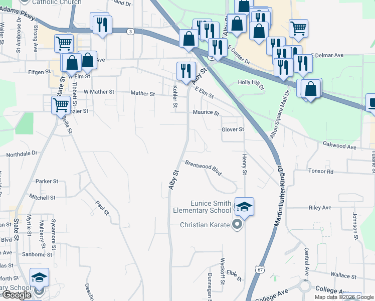 map of restaurants, bars, coffee shops, grocery stores, and more near 3101 Alby Street in Alton
