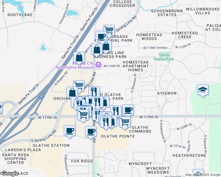 map of restaurants, bars, coffee shops, grocery stores, and more near 14830 West 117th Street in Olathe