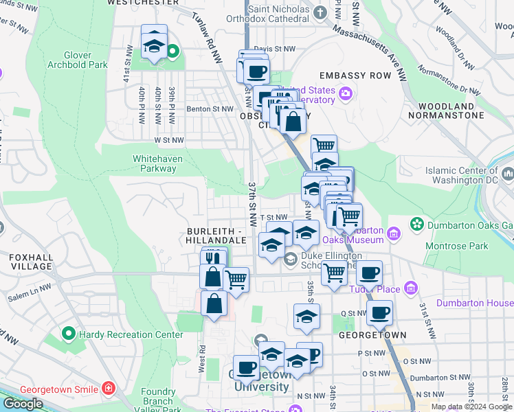 map of restaurants, bars, coffee shops, grocery stores, and more near 1917 37th Street Northwest in Washington