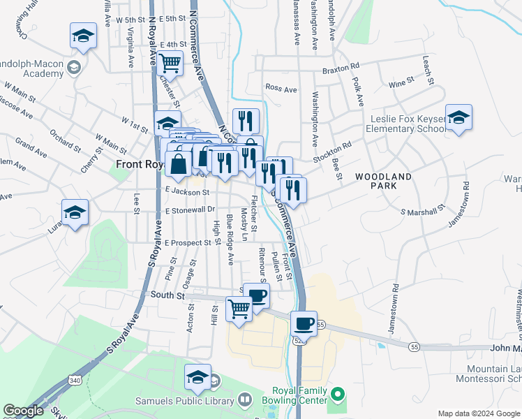 map of restaurants, bars, coffee shops, grocery stores, and more near 603 East Stonewall Drive in Front Royal