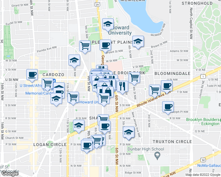 map of restaurants, bars, coffee shops, grocery stores, and more near 621 Florida Avenue Northwest in Washington