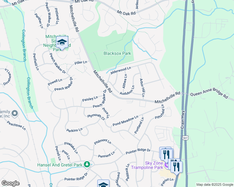 map of restaurants, bars, coffee shops, grocery stores, and more near 16011 Audubon Lane in Bowie