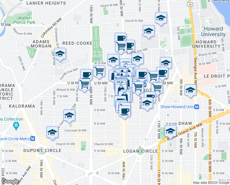 map of restaurants, bars, coffee shops, grocery stores, and more near 1425 T Street Northwest in Washington