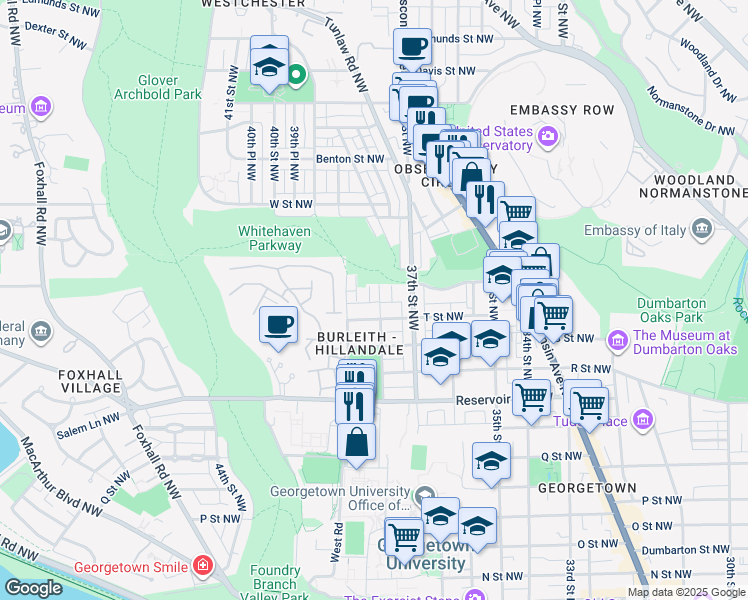 map of restaurants, bars, coffee shops, grocery stores, and more near 1918 38th Street Northwest in Washington