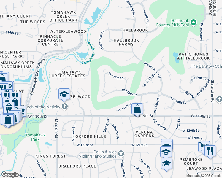 map of restaurants, bars, coffee shops, grocery stores, and more near 3100 West 118th Street in Leawood