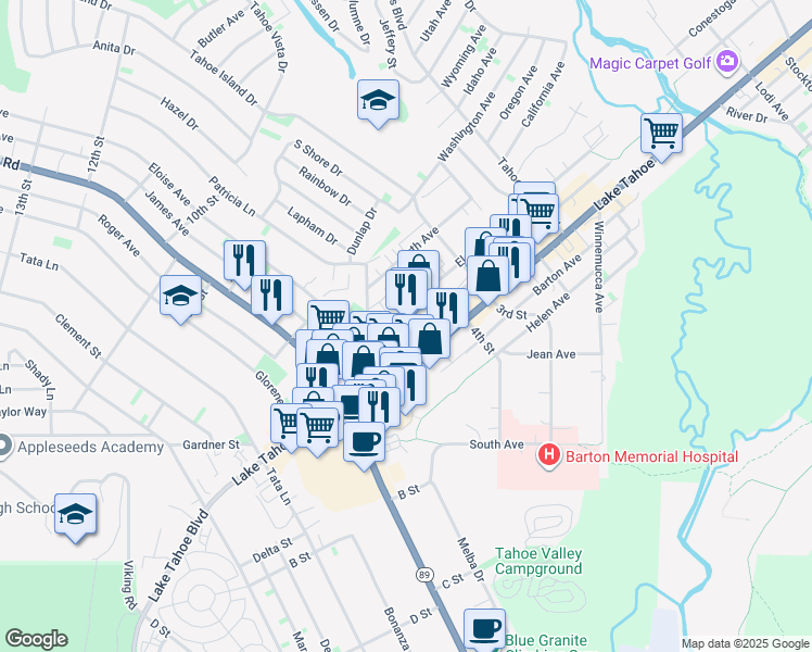 map of restaurants, bars, coffee shops, grocery stores, and more near 2082 Eloise Avenue in South Lake Tahoe