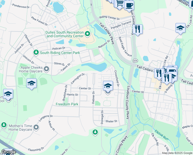 map of restaurants, bars, coffee shops, grocery stores, and more near 25338 McIntyre Square in Chantilly