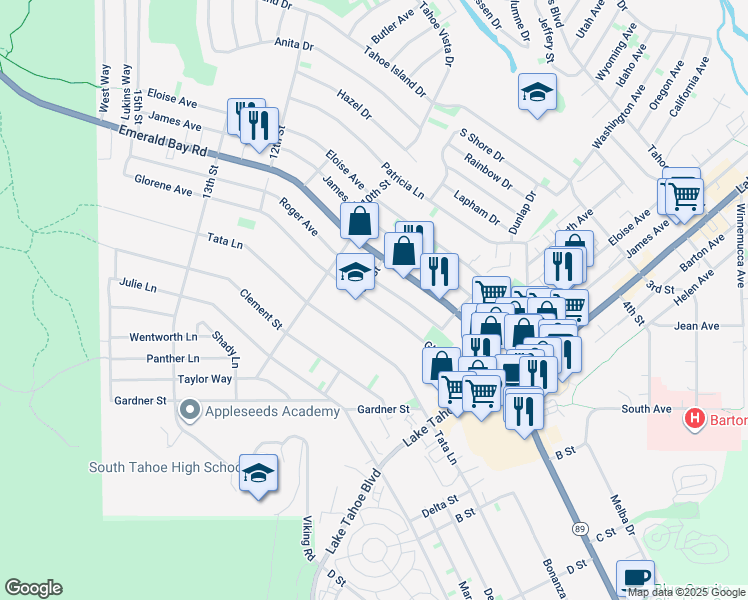 map of restaurants, bars, coffee shops, grocery stores, and more near 863 Glorene Avenue in South Lake Tahoe