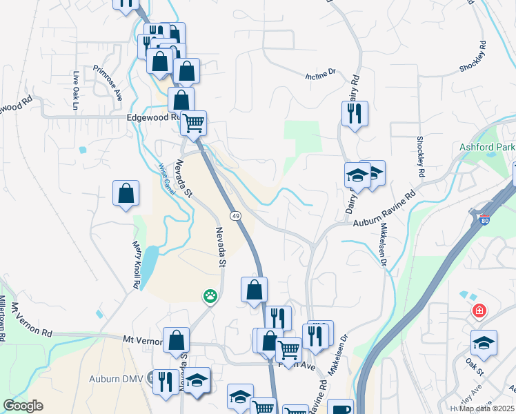 map of restaurants, bars, coffee shops, grocery stores, and more near 888 Marguerite Mine Road in Auburn