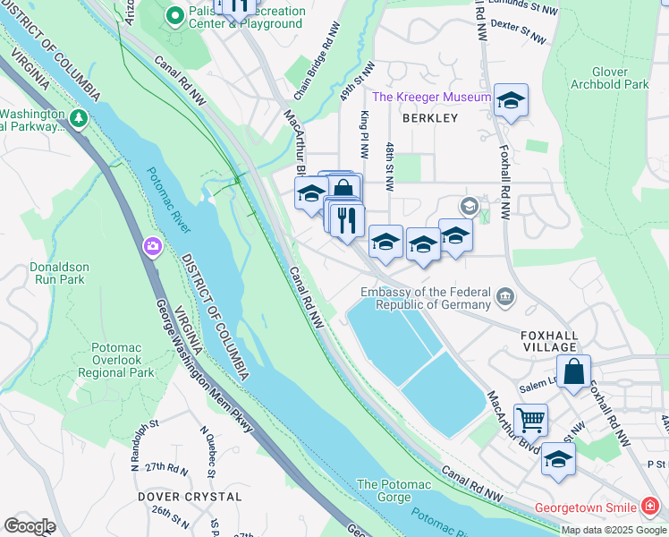 map of restaurants, bars, coffee shops, grocery stores, and more near 4852 Reservoir Road Northwest in Washington