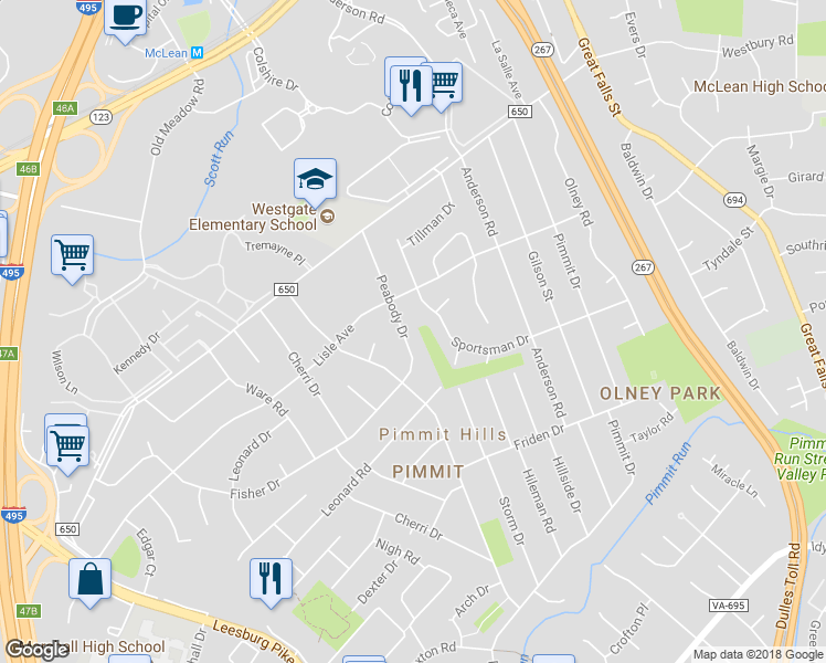 map of restaurants, bars, coffee shops, grocery stores, and more near 1833 Peabody Drive in Falls Church