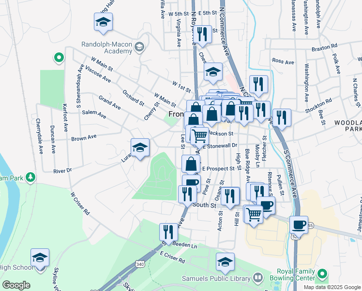 map of restaurants, bars, coffee shops, grocery stores, and more near 127 Lee Street in Front Royal