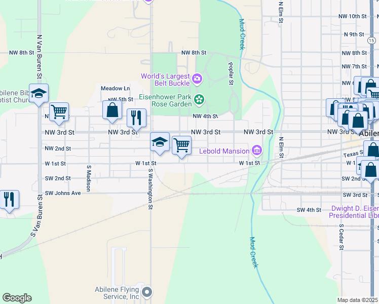 map of restaurants, bars, coffee shops, grocery stores, and more near 1021 NW 2nd St in Abilene