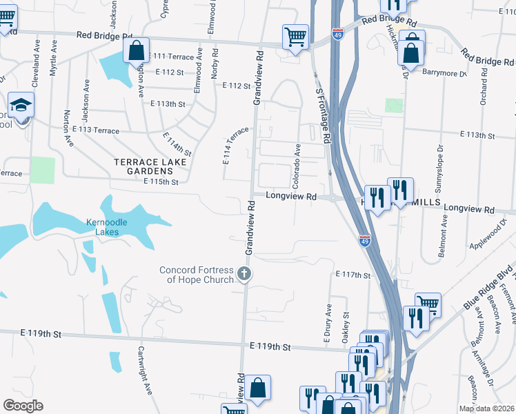 map of restaurants, bars, coffee shops, grocery stores, and more near 11505 Grandview Road in Kansas City