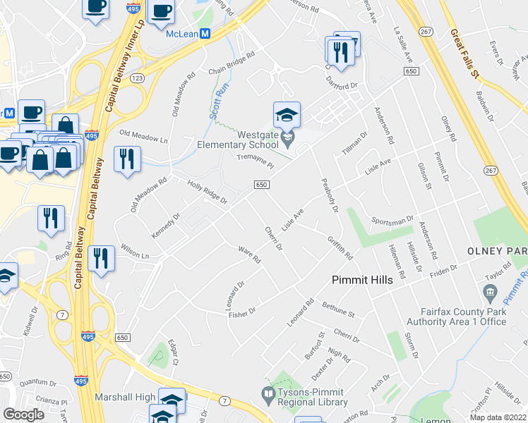 map of restaurants, bars, coffee shops, grocery stores, and more near 1837 Cherri Drive in Falls Church