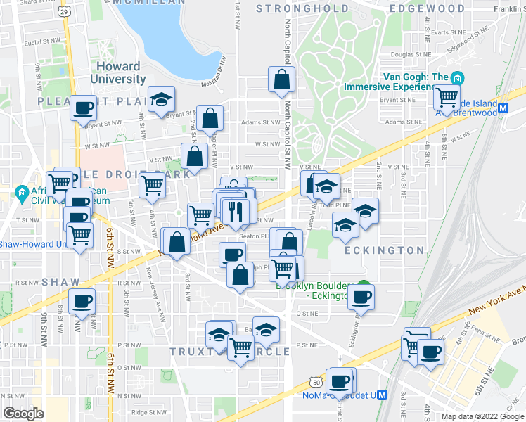 map of restaurants, bars, coffee shops, grocery stores, and more near 101 Independence Avenue Southeast in Washington