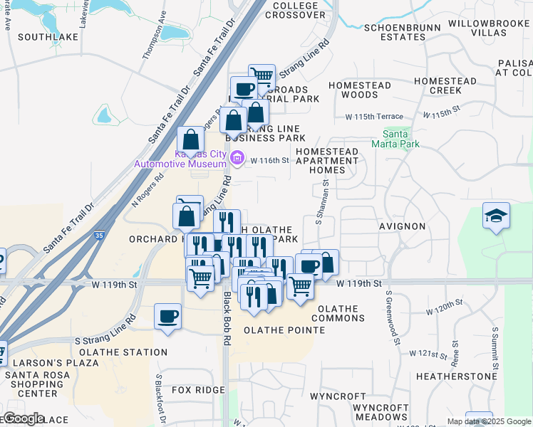 map of restaurants, bars, coffee shops, grocery stores, and more near 14830 West 117th Street in Olathe