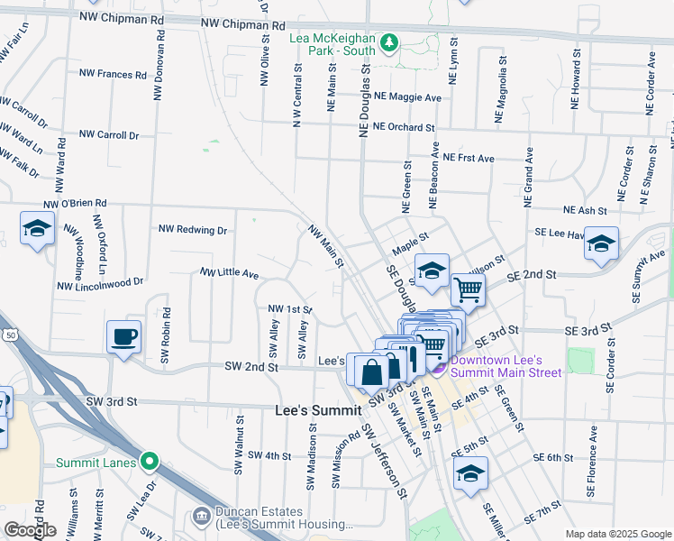 map of restaurants, bars, coffee shops, grocery stores, and more near 84 Northwest Main Street in Lee's Summit