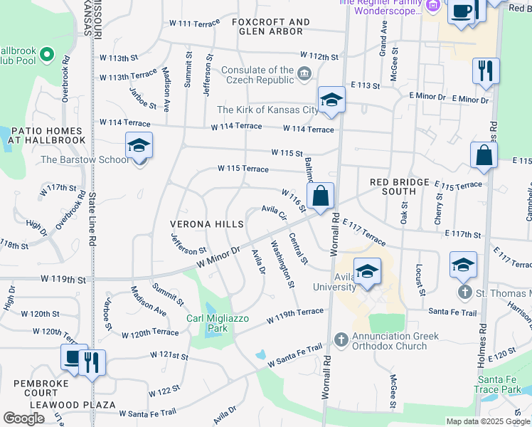 map of restaurants, bars, coffee shops, grocery stores, and more near 313 Avila Circle in Kansas City