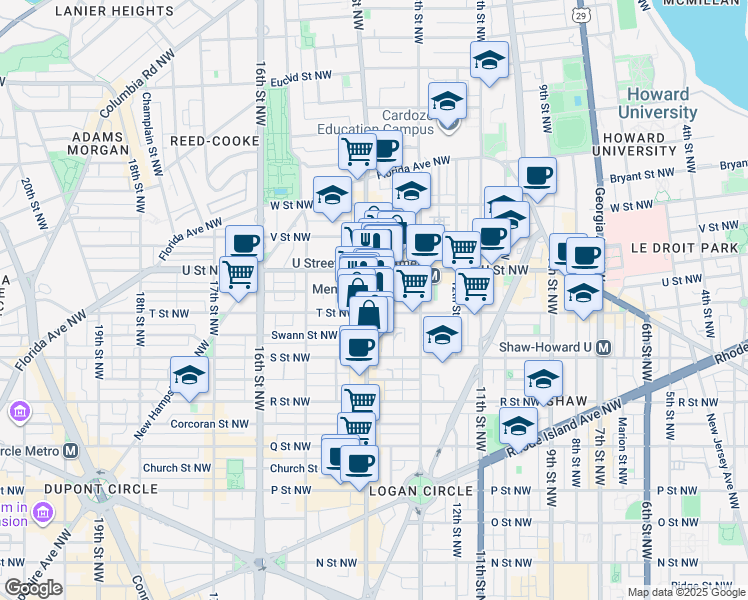 map of restaurants, bars, coffee shops, grocery stores, and more near 1919 14th Street Northwest in Washington