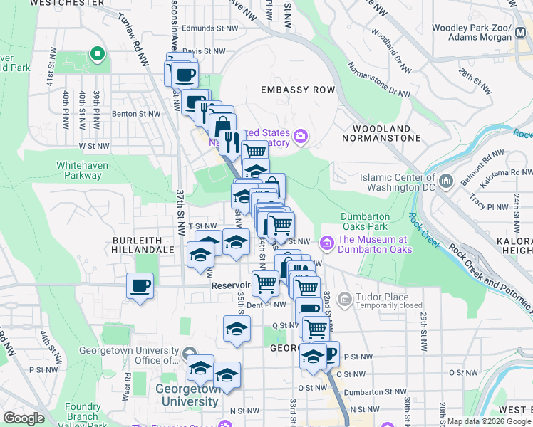 map of restaurants, bars, coffee shops, grocery stores, and more near 1855 Wisconsin Avenue Northwest in Washington