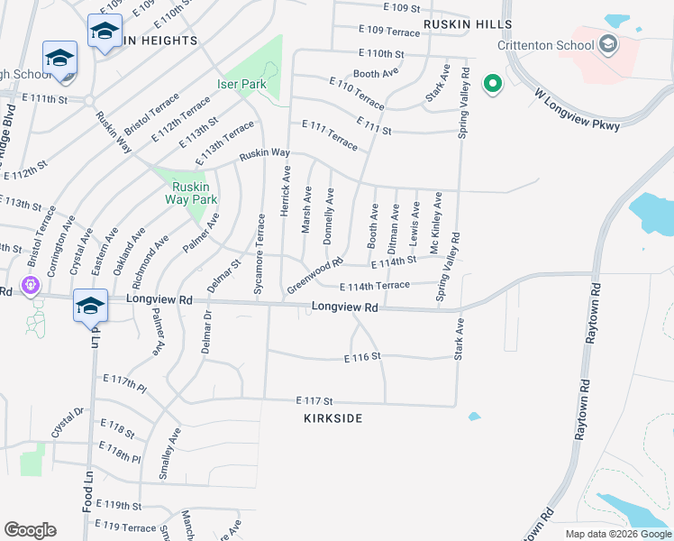 map of restaurants, bars, coffee shops, grocery stores, and more near 11401 Greenwood Road in Kansas City