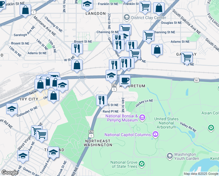 map of restaurants, bars, coffee shops, grocery stores, and more near 1908 Bladensburg Road Northeast in Washington