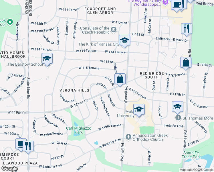 map of restaurants, bars, coffee shops, grocery stores, and more near 204 Avila Circle in Kansas City