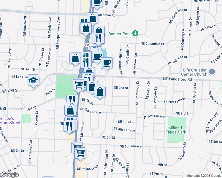 map of restaurants, bars, coffee shops, grocery stores, and more near 200 Southeast Westwind Drive in Lee's Summit