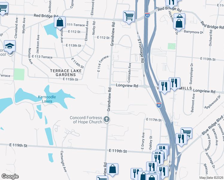 map of restaurants, bars, coffee shops, grocery stores, and more near 11505 Grandview Road in Kansas City