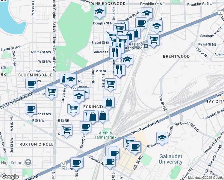 map of restaurants, bars, coffee shops, grocery stores, and more near 1912 4th Street Northeast in Washington