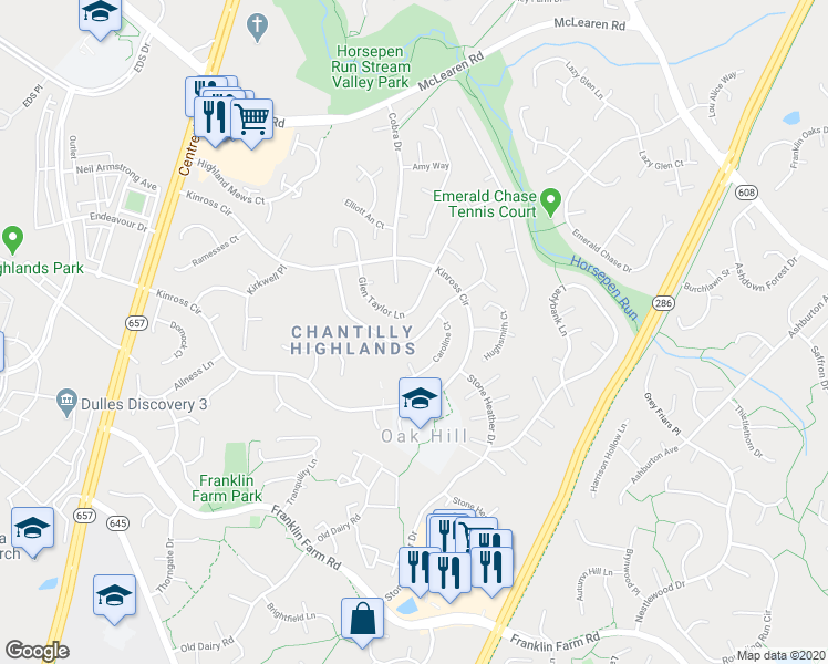 map of restaurants, bars, coffee shops, grocery stores, and more near 13346 Scotsmore Way in Herndon