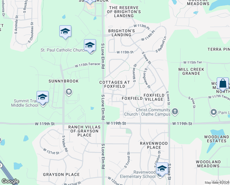 map of restaurants, bars, coffee shops, grocery stores, and more near 11695 South Deer Run Street in Olathe