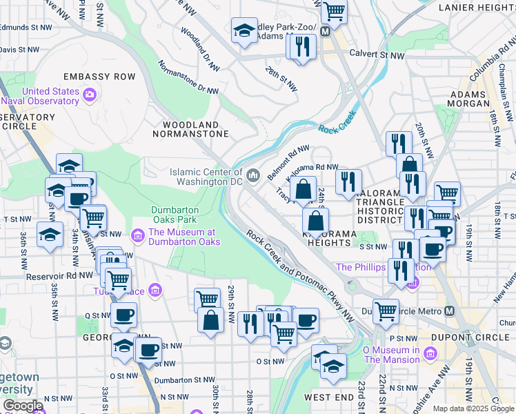 map of restaurants, bars, coffee shops, grocery stores, and more near 2536 Massachusetts Avenue Northwest in Washington