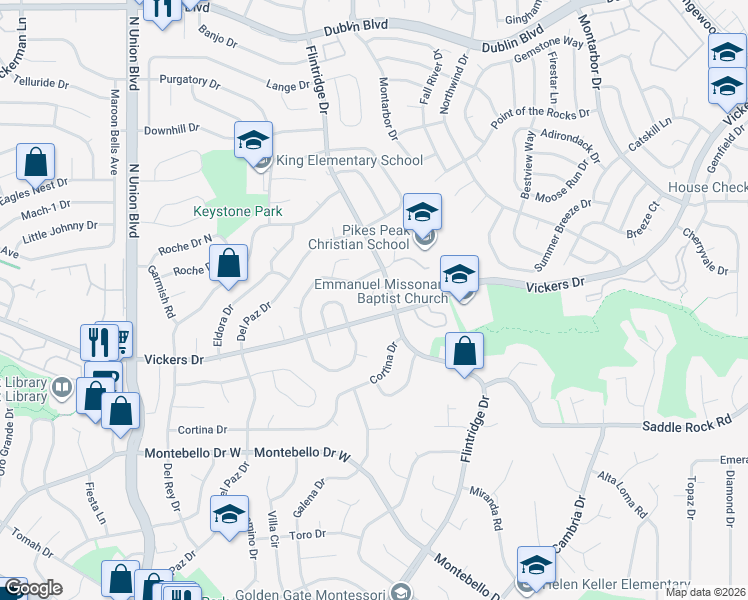map of restaurants, bars, coffee shops, grocery stores, and more near 5820 Flintridge Drive in Colorado Springs