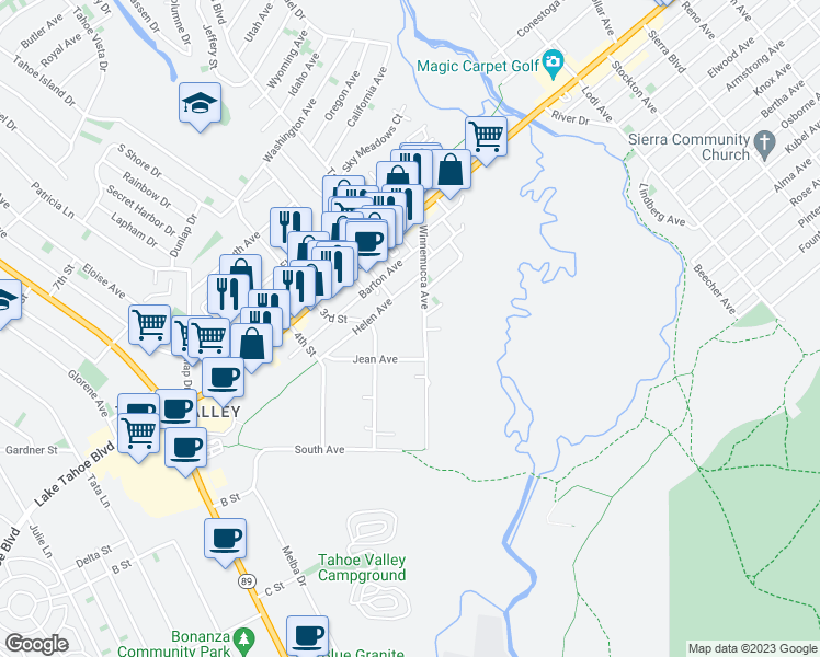 map of restaurants, bars, coffee shops, grocery stores, and more near 1106 Winnemucca Avenue in South Lake Tahoe