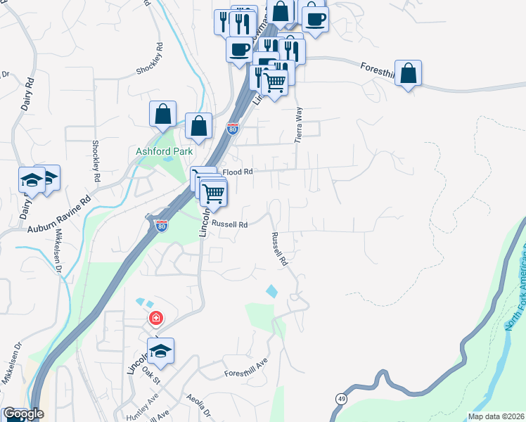 map of restaurants, bars, coffee shops, grocery stores, and more near 145 Russell Road in Auburn