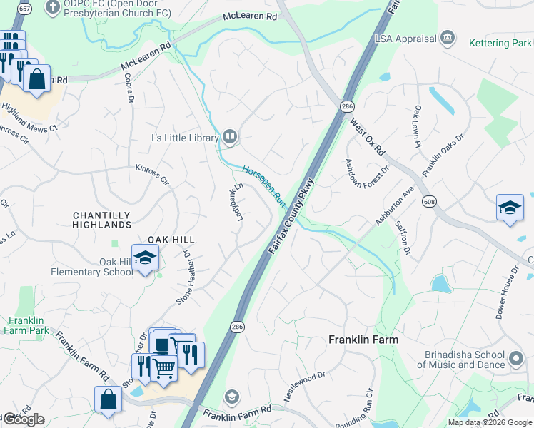 map of restaurants, bars, coffee shops, grocery stores, and more near 13172 Ladybank Lane in Herndon