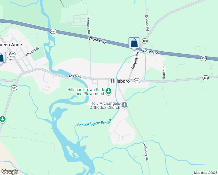 map of restaurants, bars, coffee shops, grocery stores, and more near 22046 Church St in Denton