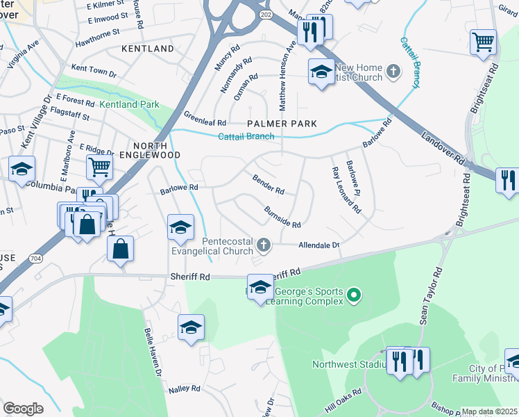 map of restaurants, bars, coffee shops, grocery stores, and more near 7745 Burnside Road in Hyattsville