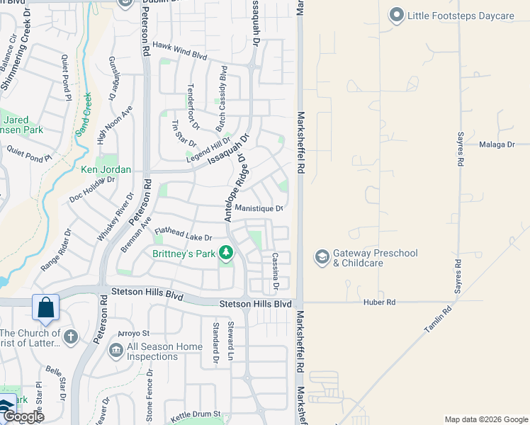 map of restaurants, bars, coffee shops, grocery stores, and more near 7607 Manistique Drive in Colorado Springs