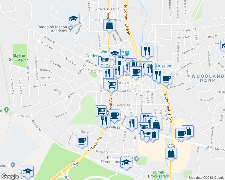 map of restaurants, bars, coffee shops, grocery stores, and more near 126 South Royal Avenue in Front Royal