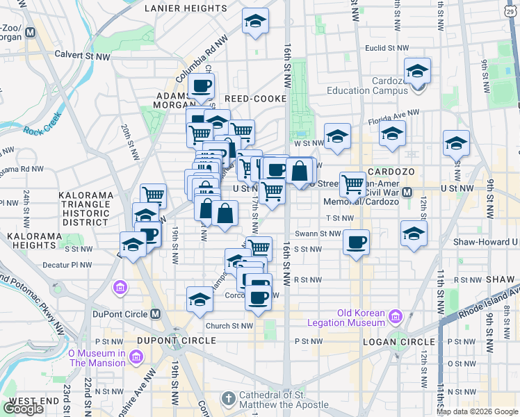 map of restaurants, bars, coffee shops, grocery stores, and more near 1911 17th Street Northwest in Washington