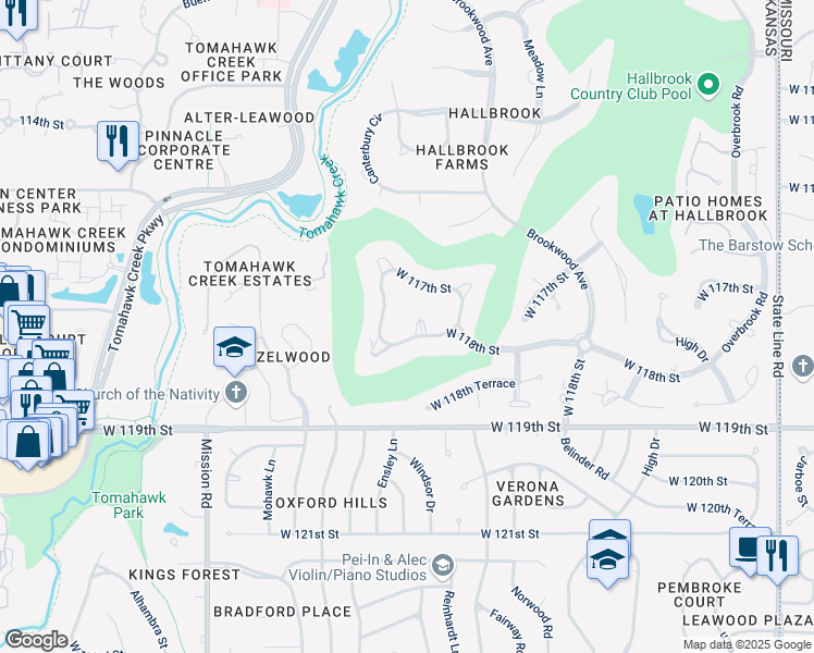 map of restaurants, bars, coffee shops, grocery stores, and more near 3100 West 118th Street in Leawood