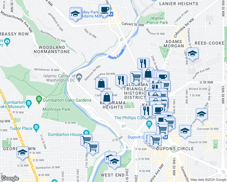 map of restaurants, bars, coffee shops, grocery stores, and more near 2320 Tracy Place Northwest in Washington