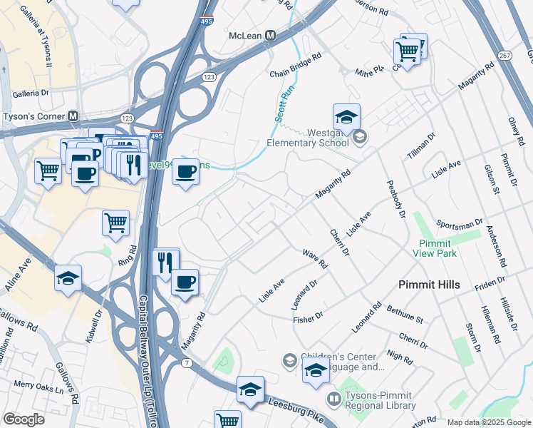 map of restaurants, bars, coffee shops, grocery stores, and more near 7737 Legere Court in McLean